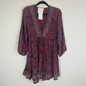 NWT Pink And Silver Womens Tie V-Neck Silk Blend Paisley Fuscia Dress Regular